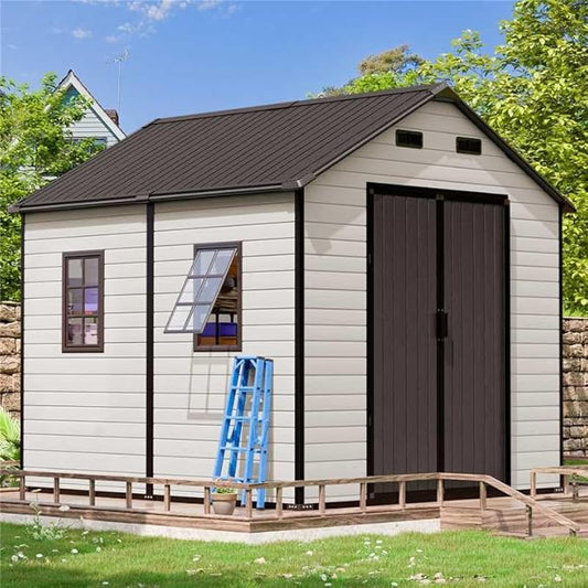 CDCASA Outdoor Storage Shed 8x8 FT, Waterproof Resin Garden Sheds Plastic Patio Outdoor Outside Storage with Floor, Adjustable Openable Windows, Lockable Door for Tool, Bike, Garbage Can