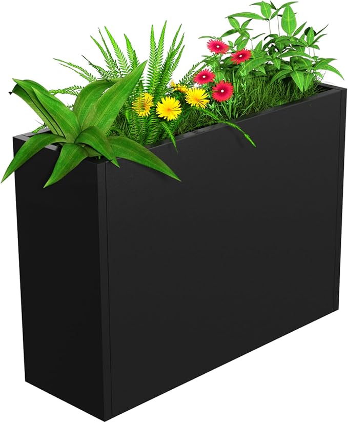 Tall Metal Planter Box, 36" L x 12" W x 26" H Large Outdoor Planters with Drainage & Adjustable Shelf, Heavy Duty Steel Rectangular Planter for Patio, Balcony, Indoor(Black)