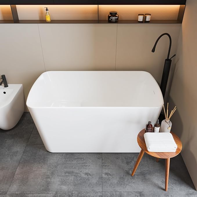49" Free Standing Tub, Acrylic Soaking Bathtub, Stand Alone Freestanding Tub with Matte Sliver Drain and Overflow, Contemporary Bathtub for Bathroom, White