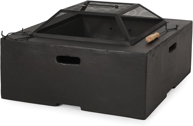 29 Inch Outdoor Fire Pit Table, Wood Burning Fire Pit for Patio with Spark Screen, Fire Poker, MGO Square Fireplaces for Camping, Garden, Backyard, Bonfire Party, Dark Gray