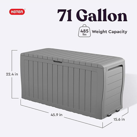 Keter Marvel Plus 71 Gallon Resin Outdoor Storage Box for Patio Furniture Cushions, Throw Pillows, Garden Tools and Pool Floats, Light Grey