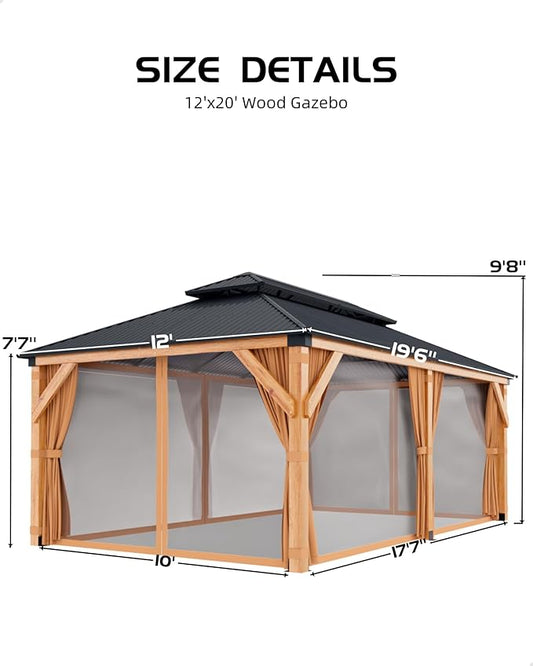 GarveeLife Hardtop Wood Gazebo 12 ft x20 ft for All Weather, with Double Metal Roof, Heavy Duty Wooden Frame, Net, and Curtain, Permanent Building for Patio, Deck, Backyard, Lawn, and Garden, Khaki