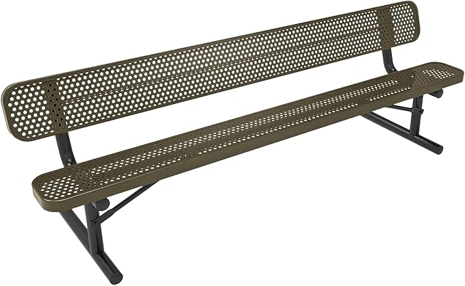 COATEDOUTDOORFURNITURE Heavy-Duty Outdoor Bench Thermoplastic Coated, Punched Steel, Commercial-Grade Seating, Made in America (Portable with Back, 8 Ft, Textured Gold Vein)