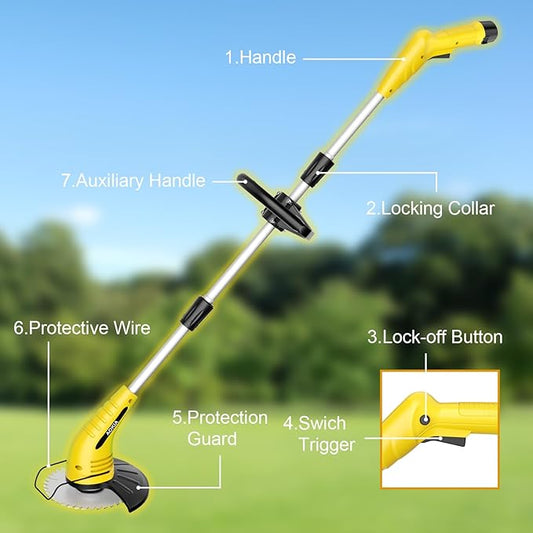 Aokia Cordless Weed Wacker：String Trimmer with 12V Battery Operated - Lightweight Lawn Trimmer, Electric Grass Trimmer Edger with 2 Blades and Extension Rod for Lawn Yard, Yellow