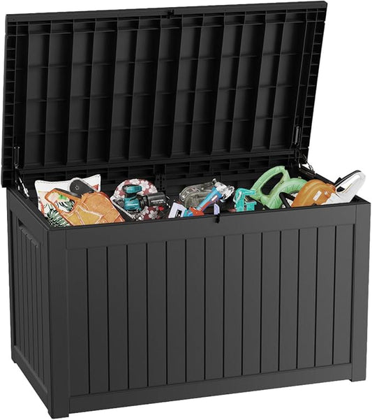 230 Gallon Outdoor Storage Box Waterproof,Outside Delivery Package Deck Box with Lockable Lid,Poolside Storage Bin for Garden Tools,Patio Cushion,Black