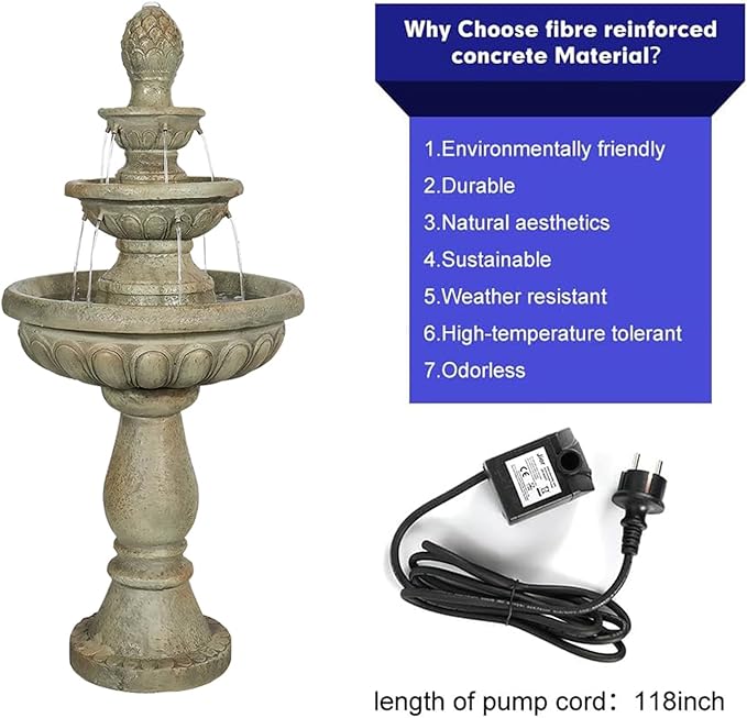 ourrco 42.5" H Traditional Outdoor Water Fountain with Pineapple Finial – Classic Garden Décor with Flowing Cascade and Antique Stone Finish for Patios, Lawns, and Courtyards