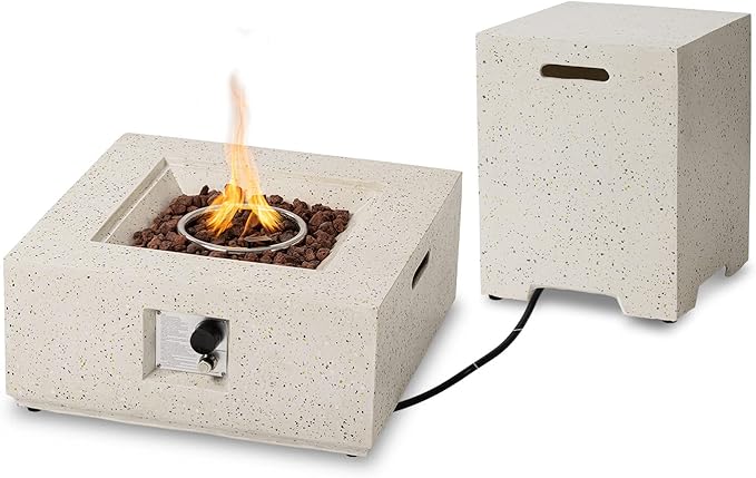 SUNBURY Outdoor 28 Inch Propane Fire Pit Table, 40,000 BTU Spotted White Patio Gas Fire Table Set