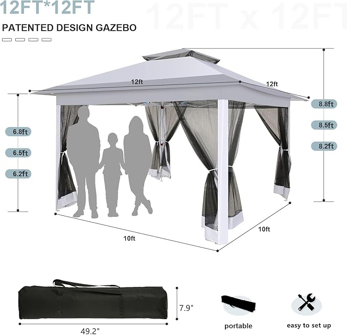 COBIZI 12x12 Pop up Gazebo on Clearance with Mosquito Netting,Waterproof Roof & Sandbags,Outdoor Canopy Tent with 4 Ropes,8 Stakes&Carrying Bag,Portable Patio Gazebo for Garden,Backyard&Lawn,Darkgrey