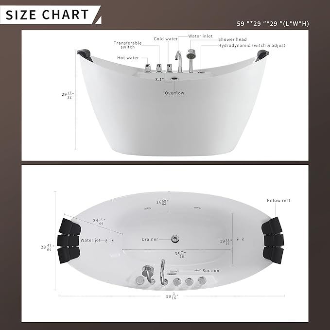 Empava 59 inch Acrylic Freestanding Tub Hydromassage Gracefully Oval Shaped Whirlpool 8 Water Jets Soaking SPA, Double-Ended Massage Bathtub with 2 Black Pillows, White