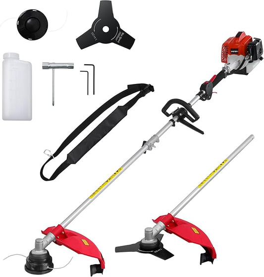 Gas Weed Eater 26cc, Grass Trimmer Brush Cutter 2 in 1, Weed Wacker 2 Cycle Air-Cooled Engine 10'' Brush Blade 16'' Cutting Width with Rubber Handle & Shoulder Strap Quick Start Portable