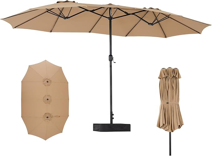 SMUG 15FT Large Patio Umbrella with Base Included, Rectangle Table Umbrella Outdoor Patio, Outside Umbrellas for Deck, Market, Backyard, khaki