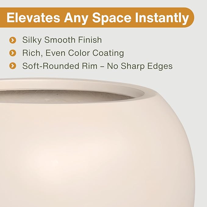 12.8"H x 16"D Globo Fiberstone Round Planter - Christmas Tree Planter, Smooth Finishes, Weather Resistant for Indoor & Outdoor Use, Included 2 Extra Coco Mats (Kilim Beige,10.7" Pot Opening)