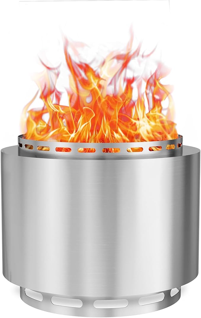 Kurapika 19-Inch Smokeless Fire Pit for Outside, Portable Outdoor Smokeless Stove - Wood Burning Stainless Steel Fireplace with Ash Poker & Carry Bag, Low Smoke Firepit for 4-6 People - Silver