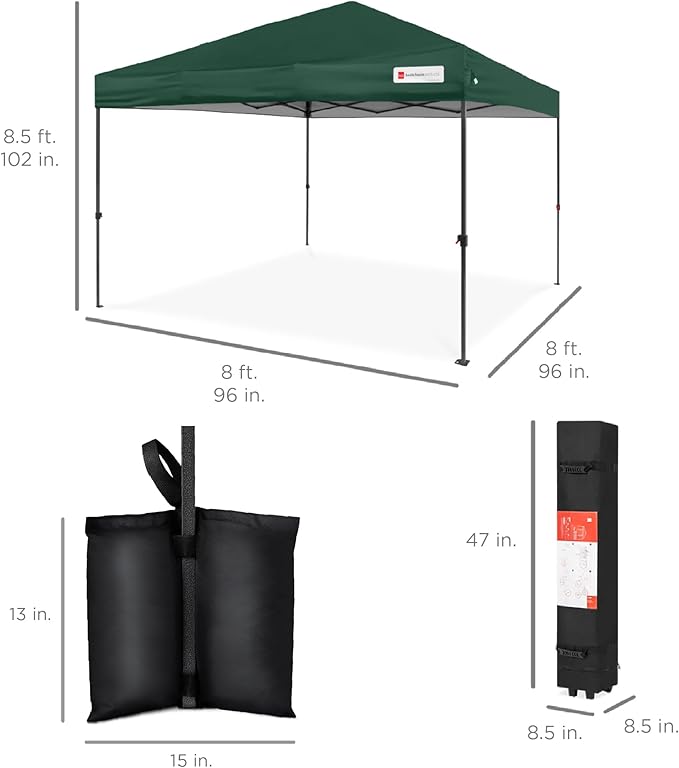 Best Choice Products 8x8ft 1-Person Setup Pop Up Canopy Tent Instant Portable Shelter w/ 1-Button Push, Case, 4 Weight Bags - Dark Green