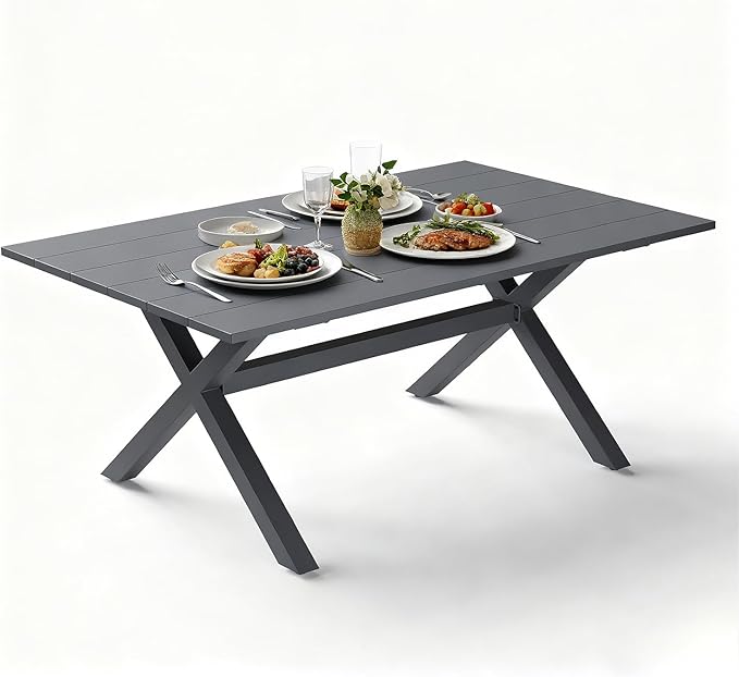 Aeeiua 63" x 38" Outdoor Dining Table, Rectangle Patio Table with Slatted Tabletop for Backyard, Garden, Deck, Poolside
