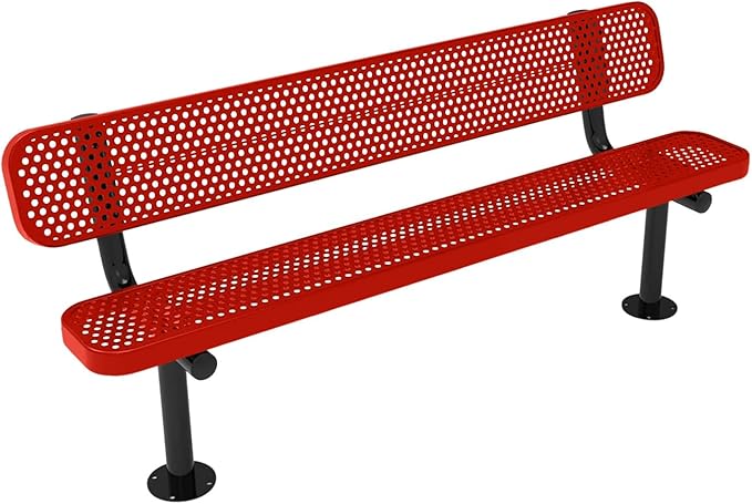 COATEDOUTDOORFURNITURE Coated Outdoor Furniture Heavy-Duty Outdoor Bench Thermoplastic Coated, Punched Steel, Commercial-Grade Seating, Made in America (Surface with Back, 6 Ft, Red)