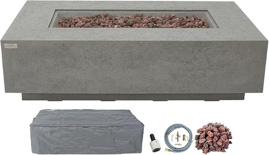 AMS Creations | Madison 60" Rectangular Natural Gas Outdoor Fire Pit Table | Light Gray Concrete GFRC | Limestone Texture or Surface | Electronic Ignition | Outside Backyard Fireplace