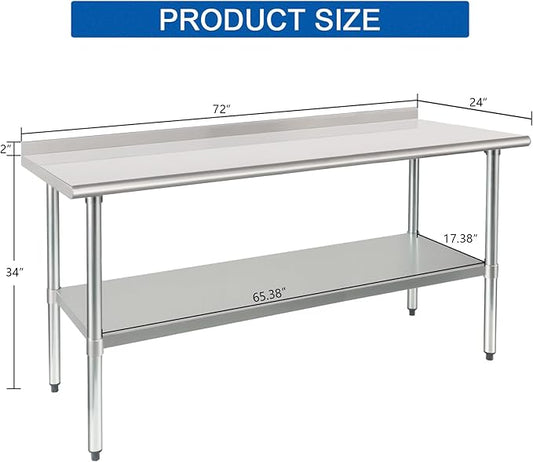 HARDURA Stainless Steel Table Prep & Work Table 24 x 72 Inches NSF Heavy Duty Commercial with Undershelf and Backsplash for Restaurant Kitchen Home and Hotel