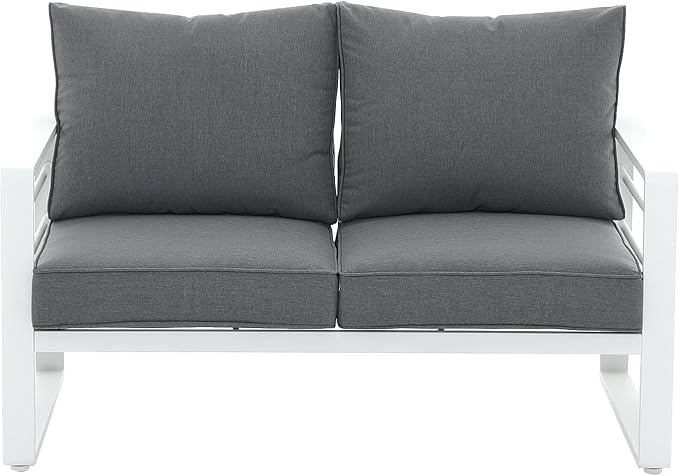 Patiorama Aluminum Patio Furniture Set, Outdoor Patio Loveseat, 2 Seat Sofa Couch, All Weather White Metal Chair with Olefin Cushion, Deep Seating, 600 lbs Capacity, Deck, Garden-Grey Cushion