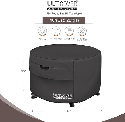 ULTCOVER Patio Fire Pit Table Cover Round 40 inch Outdoor Waterproof Fire Bowl Cover, Black