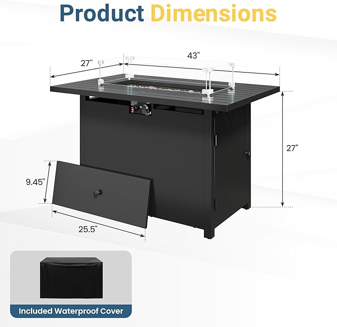 43'' Propane Fire Pit Table, 50000 BTU Gas Fire Pits Table with Removable Lid and Lava Rock, Rectangular Fire Table with Cover, Ideal for Dining or Party on Patio, Garden, Yard, Black