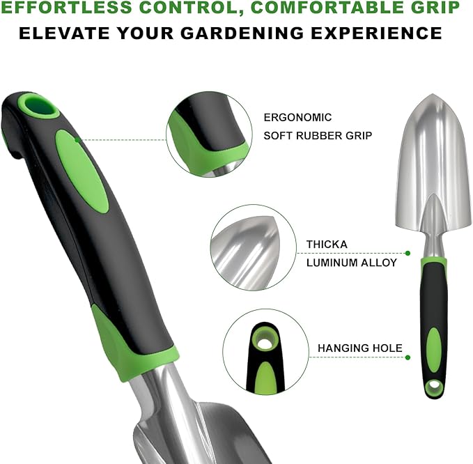 11-Piece Gardening Tools Set for Women, Heavy Duty Gardening Hand Tools, Outdoor Gardening Hand Tools with Non-Slip Green Rubber Handle. Indoor mini Gardening Potting Set (7) (Gray)