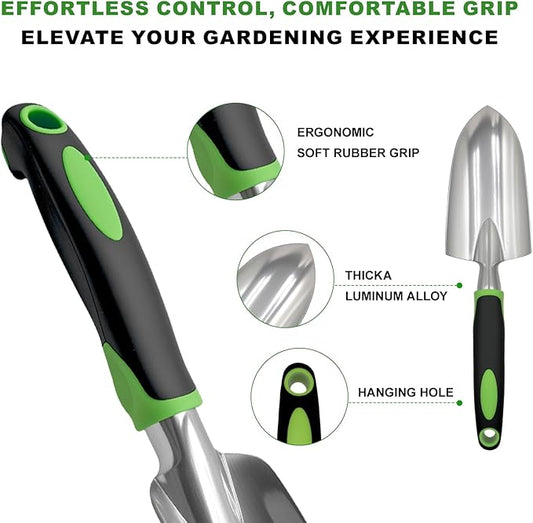 11-Piece Gardening Tools Set for Women, Heavy Duty Gardening Hand Tools, Outdoor Gardening Hand Tools with Non-Slip Green Rubber Handle. Indoor mini Gardening Potting Set (7) (Gray)