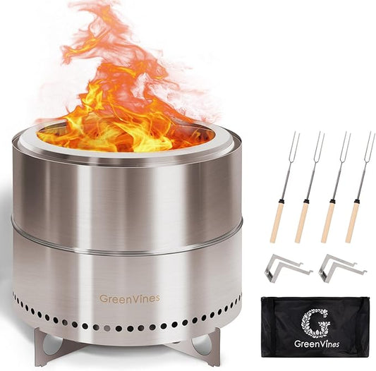 GreenVines Smokeless-Fire-Pit | 19-Inch | 304 Stainless-Steel-Firepit | Portable Outdoor Pits with Stand for Camping | Bag & Sticks & Holders | Solo Wood Burning Bonfire | Low Smoke Stove