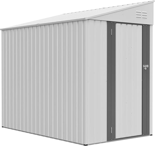 4x7 FT Metal Outdoor Storage Shed, Lean-to Garden Tool and Bike Shed with Lockable Door and Air Vents, Waterproof Sloped Roof Steel Utility Shed for Backyard, Patio, Lawn Equipment, White