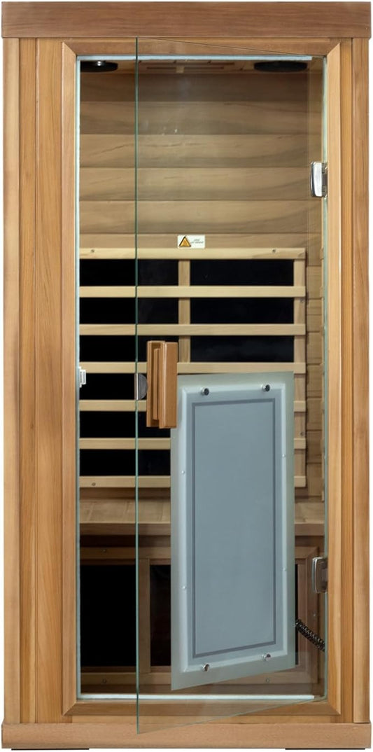 Red Cedar Sauna 1 Person Low EMF Far Infrared Saunas for Home, 1350 watt Indoor Personal Sauna Room with Door Heating Panels, Clothing Hanging Rod, Blue-Tooth Speakers, LED Reading Lamp