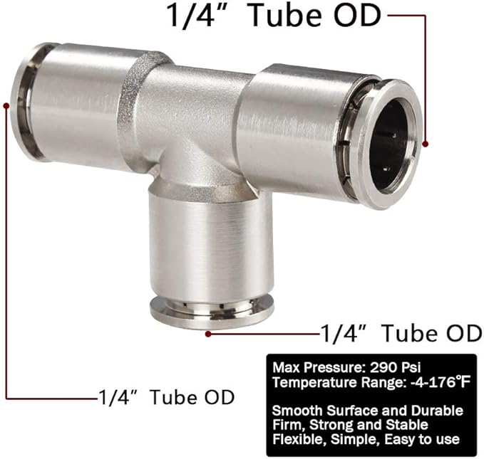 Beduan Push to Connect Tube Fitting Union Tee, Copper Nickle-Plated 1/4" Tube OD 3 Way Tee Shaped Union Adapter Fitting (Pack of 5)