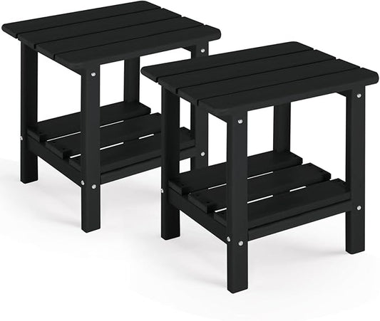 Outdoor Side Table Set of 2 - HDPE Small End Table - Patio Side Tables Square for Backyard Pool Porch Balcony - Indoor Outdoor Double Layer Storage - Black