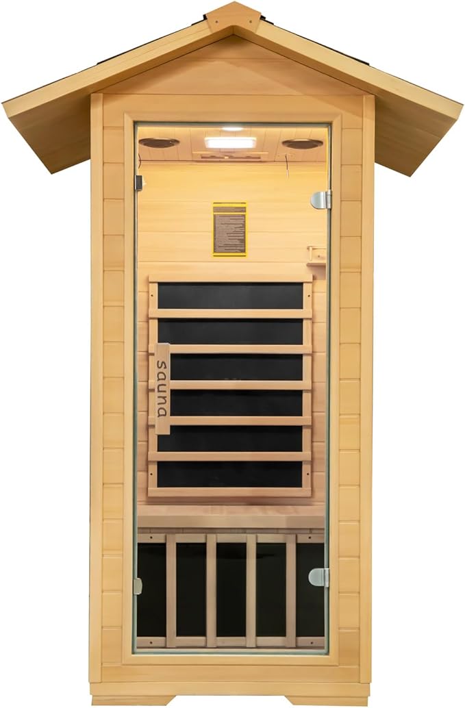 Outdoor Far Infrared Home Sauna, 1 Person Hemlock Wood Sauna Box, 1400W 5 Carbon Crystal Heating Panels Indoor Sauna Room, Personal Sauna Hot Yoga Essentials Gym Accessories Workout Equipment