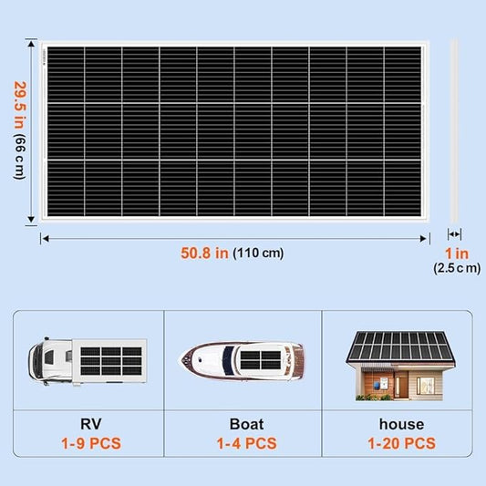 DOKIO 200W Monocrystalline Solar Panel 12V, 12BB Half-Cell High Efficiency Glass Module with Aluminum Frame, MC4 Connector, Pre-Drilled Holes for RV, Roof, Off-Grid Power