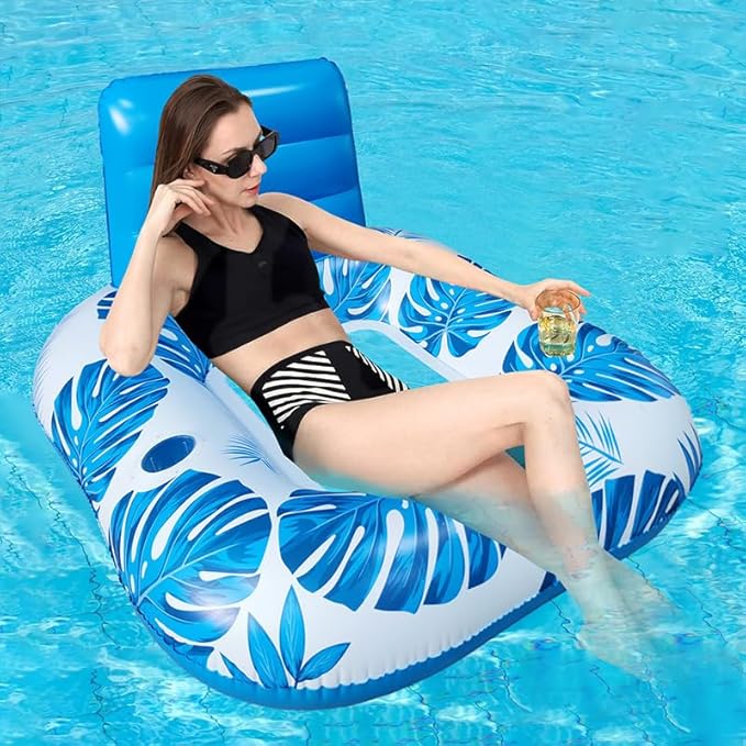 Square Inflatable Pool Lounger with Backrest (Two Pack), Tropical Palm Leaf Float for Adults, Relaxing Pool Raft with Cooling Mesh Seat