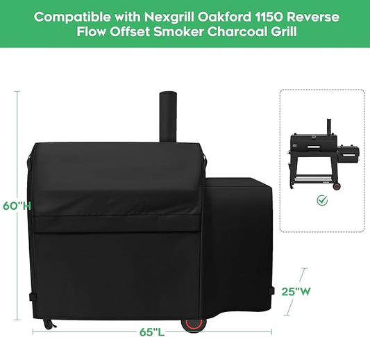 Heavy-Duty 600D Grill Cover fit for Nexgrill Oakford 1150 Reverse Flow Offset Smoker Charcoal Grill, Nexgrill Oakford 1150 Reverse Flow Grill Model 810-0071 Cover