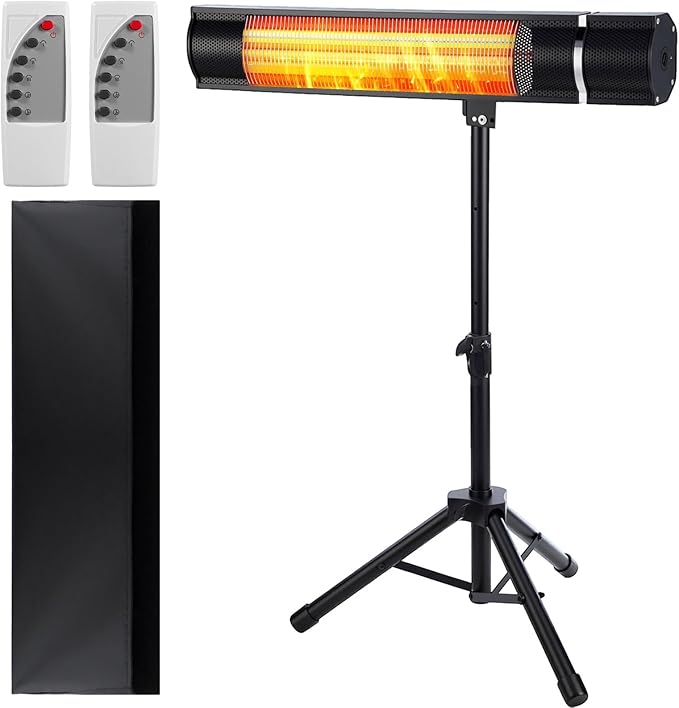 Electric Patio Heater Outdoor 1500W Carbon Infrared Heater with Remote Timer 3 Heat Levels IPX4 Waterproof Tripod Stand Ceiling Wall Mount for Backyard Restaurant Garage