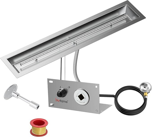 Skyflame 36 x 6 Inch Liner Fire Pit Pan Kit, Stainless Steel Drop-in Fire Pit Pan and Burner, Come with Spark Ignition and Propane Hose, Indoor/Outdoor Fire Table DIY Decorative