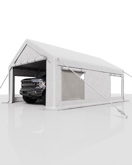 GarveeLife 13x20 ft Carport with 8 Sandbags, Car Port with 220 g PE Tarp, 2 Roll-Up Doors, and 4 Windows, for Full-Size Pickups, Bass Boats, Tractors, and SUVs, White