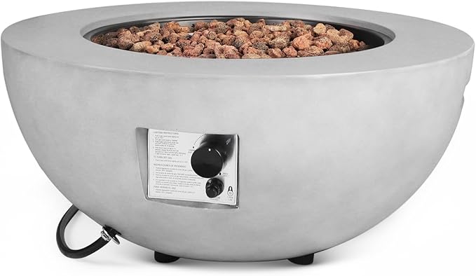 Propane Fire Pit–31.5 Inch Concrete Fire Pit – Outdoor Firepits 50,000 BTU Gas Fireplace CSA Certification w Lid,Lava Rocks for Deck or Patio & Grey
