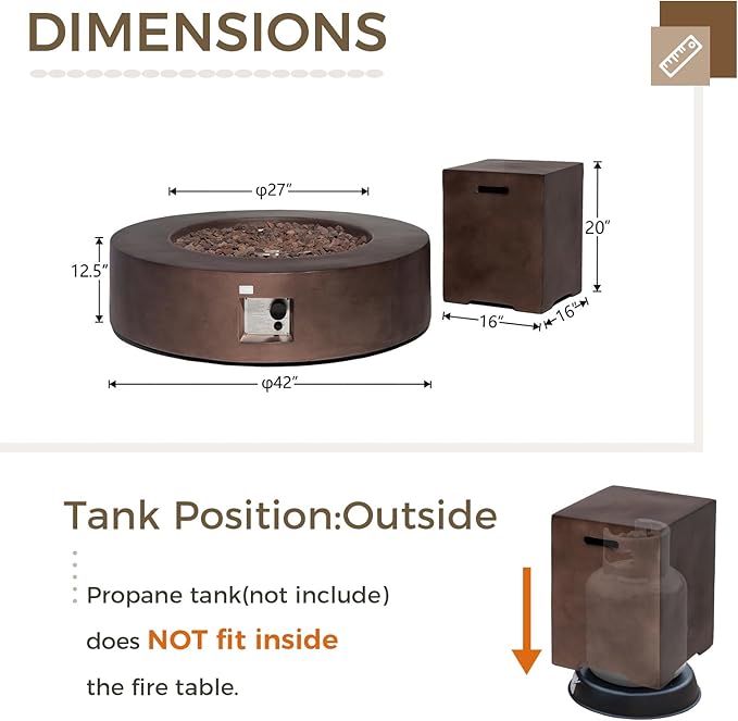 SUNBURY Outdoor 42 Inch Propane Fire Pit Table,Dark Brown Patio Fire Table 50,000 BTU w 20 lbs Tank Cover, Waterproof Cover, Free Lava Rocks