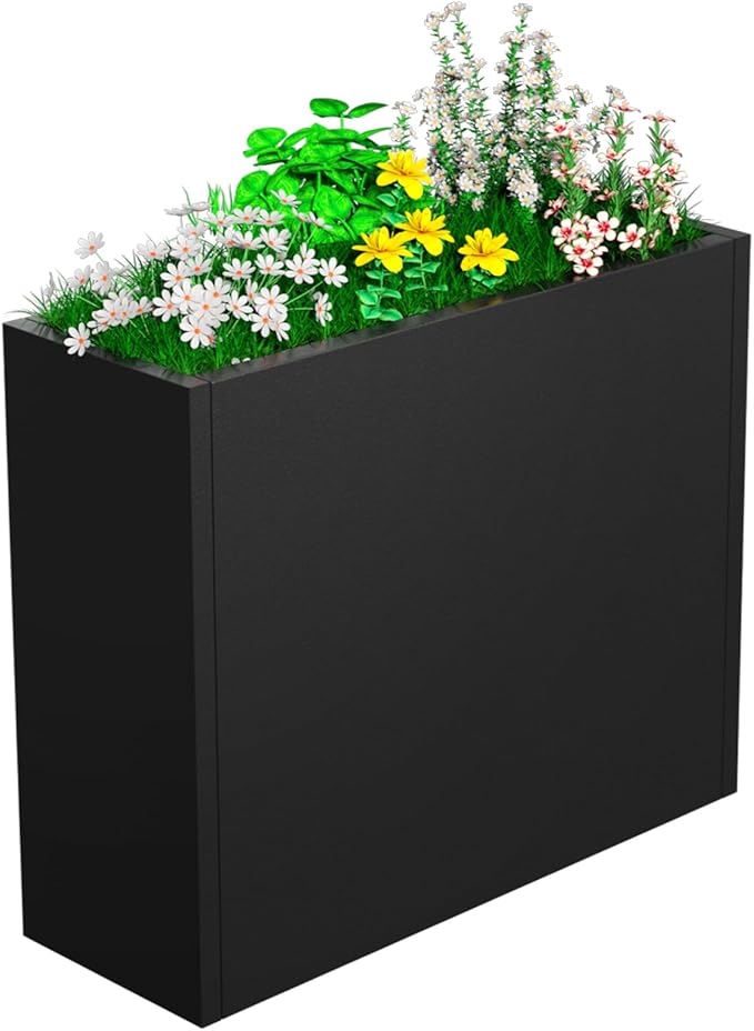 Tall Metal Planter Box, 30" L x 10" W x 24" H Large Outdoor Planters with Drainage & Adjustable Shelf, Heavy Duty Steel Rectangular Planter for Patio, Balcony, Indoor(Black)