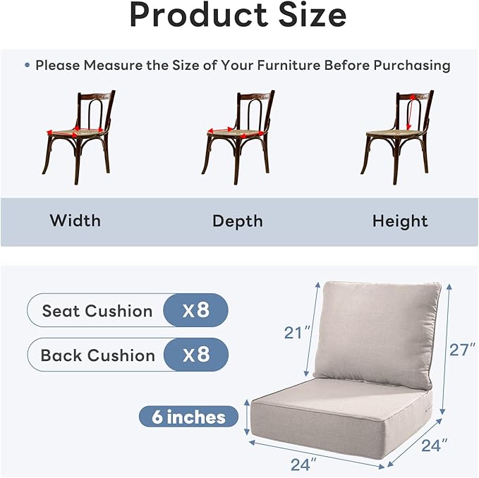 6" Thicker Outdoor Chair Cushion 8 Sets - 24" *24" *6" Waterproof Patio Furniture Cushions with Removable Cover, 28D High Density Sponge Filling Thicken Outdoor Patio Cushions - Beige
