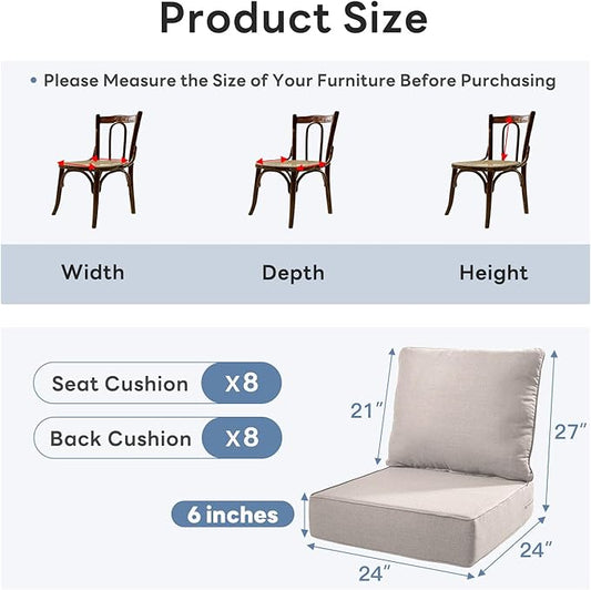 6" Thicker Outdoor Chair Cushion 8 Sets - 24" *24" *6" Waterproof Patio Furniture Cushions with Removable Cover, 28D High Density Sponge Filling Thicken Outdoor Patio Cushions - Beige
