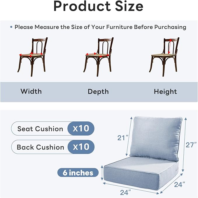 6" Thicker Outdoor Chair Cushion 10 Sets - 24" *24" *6" Waterproof Patio Furniture Cushions with Removable Cover, 28D High Density Sponge Filling Thicken Outdoor Patio Cushions - Baby Blue
