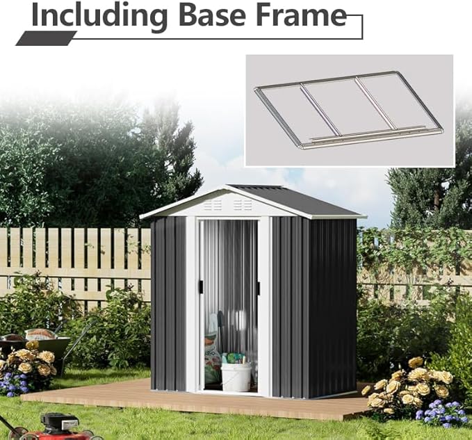 5x3 FT Outdoor Storage Shed with Base,Tool Shed with Sloped Roof and Sliding Door,All Weather Resistant Metal Shed for Backyard Garden Patio Lawn,Grey