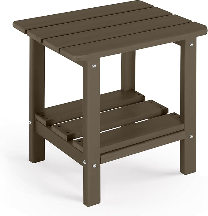Adirondack Outdoor Side Table, 2-Tier Small Patio End Table, Weather Resistant HDPE Outdoor End Tables for Garden, Lawn, Pool, Beach, Porch, Deck, Backyard - Square, Dark Brown