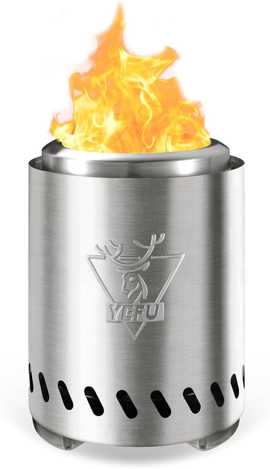 YEFU Tabletop Fire Pit 7.5 x 5.5 in, Low Smoke Camping Stove for Outdoor & Patio, Fueled by Pellets or Wood, Safe Burning Table Top Firepit, with Travel Bag & 2 Mini Sticks & Fireproof Mat, Silver