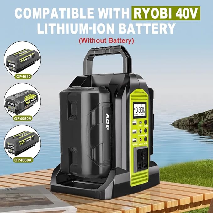 350W Pure Sine Wave Power Inverter Compatible with Ryobi 40V Lithium Battery, 2-Port DC to AC 110-120V Inverter with LED Light, USB-A & Type-C & DC Ports for Camping, Outdoor, Emergency (Tool Only)