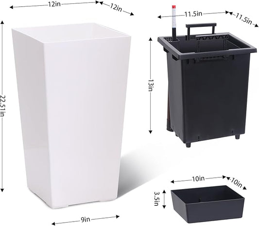 Garvee 22.5" Tall Planters Set of 2, Outdoor＆Indoor Black Planter Pots, High Front Porch Planter Pots with Drainage Holes＆Water Level Monitor＆Inner Bucket,White